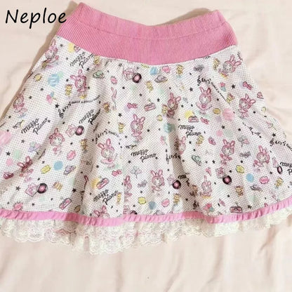 Neploe Harajuku Kawaii Vintage Print Lace Skirts Y2k High Waist Ruched Cake Skirt for Women 2026 Summer New Faldas Mujer