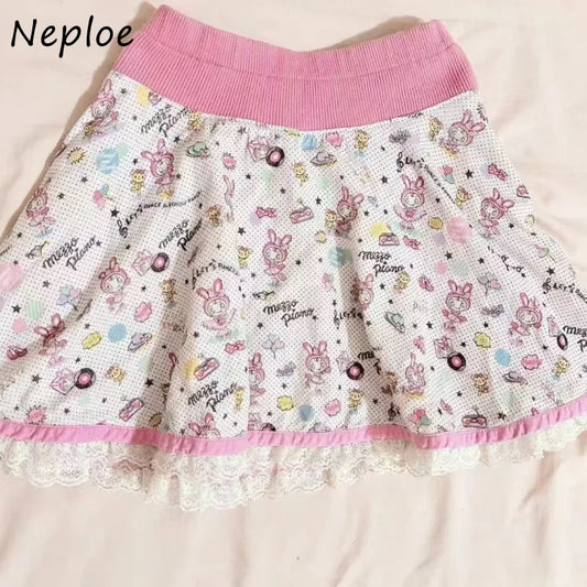 Neploe Harajuku Kawaii Vintage Print Lace Skirts Y2k High Waist Ruched Cake Skirt for Women 2025 Summer New Faldas Mujer