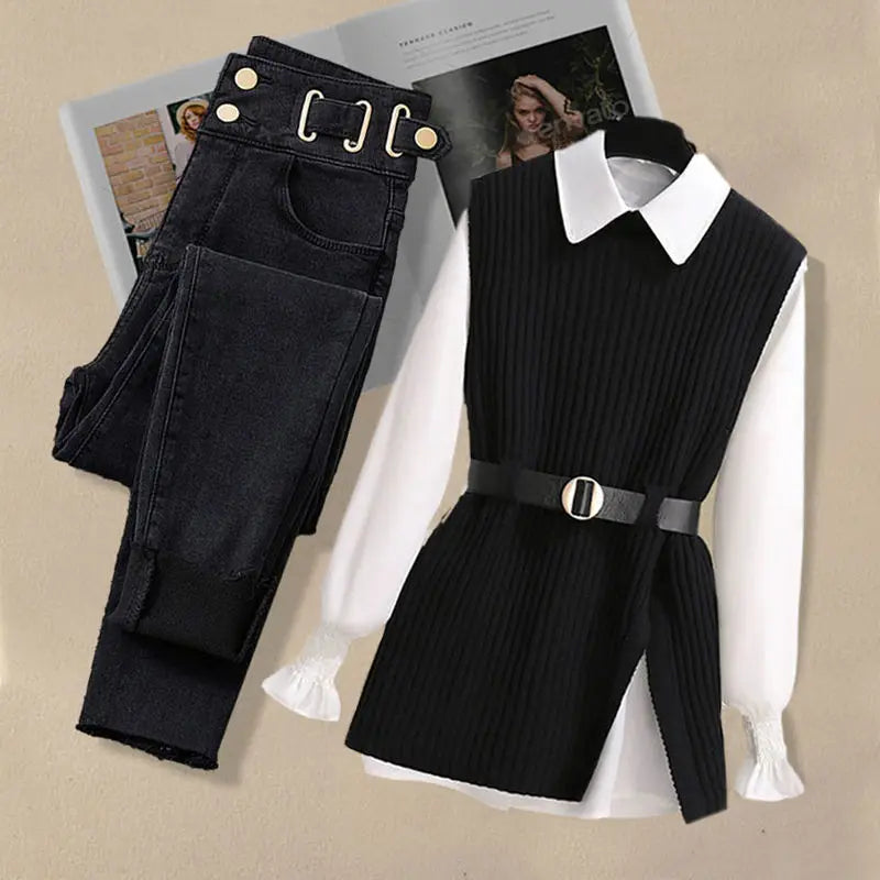 2026 Autumn Increased Size Korean Popular Chiffon Shirt Knitted Sweater Jeans Three Piece Elegant Women's Pants Set Tracksuit