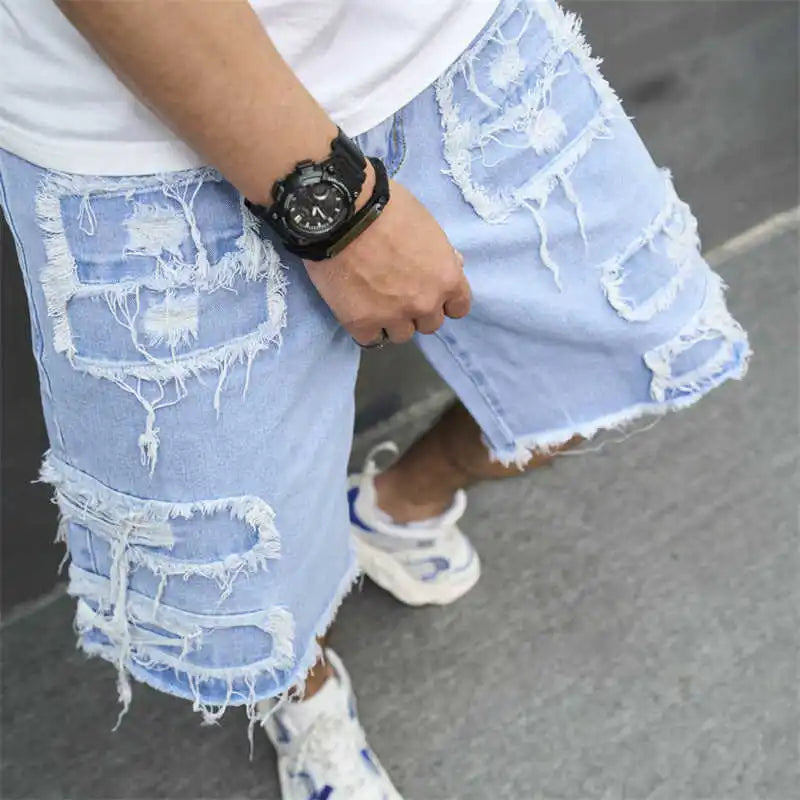 High-Streets Summer Ripped Jeans Denim Shorts for Men with Distressed Cat Whiskers Hip Hop Short Pants Men's Pants Streetwear