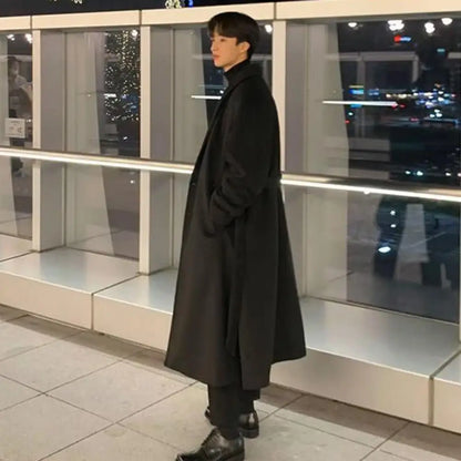 Korean Trend Men's Loose Casual Single-breasted Overcoat Autumn Winter Fashion New Long Sleeve Woolen Long Coat