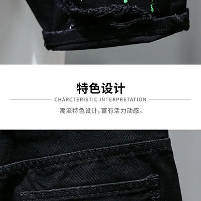 Fashion Summer New Casual Denim Jeans Knee Length Shorts for Men Black Cowboy Low Rise Ripped Holes Boyfriend Men's Denim Shorts