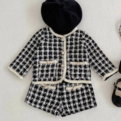 Autumn Winter Korean Style Newborn Baby Girls Clothing Set Long Sleeved Plaid Cardigan Coat+ Shorts 0-3Yrs Children Clothes Suit