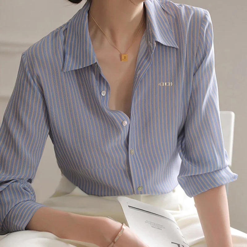 Women's Shirt New Popular Classic High Grade Female Long Sleeved Shirt Vintage Elegant Stripe Versatile Office Lady Fashion Tops