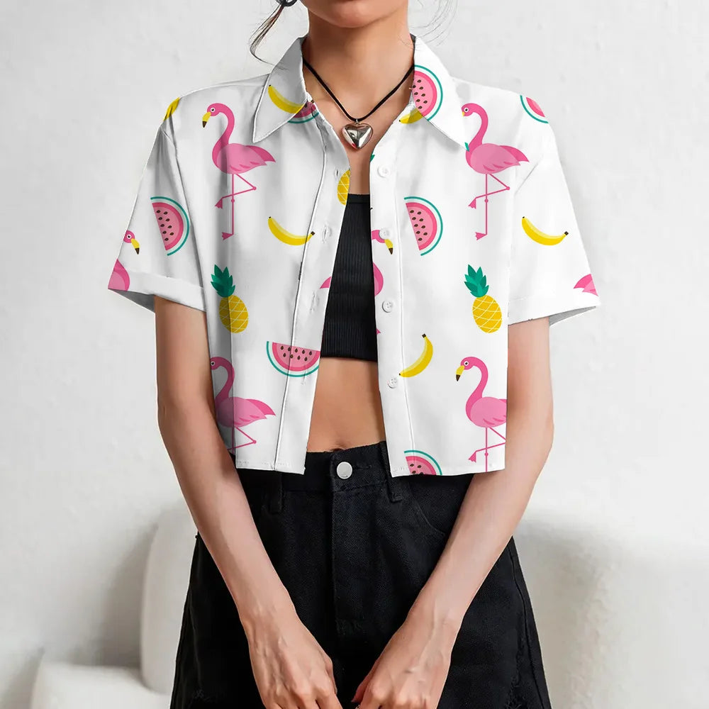 Women's Lapel Button Tank Tops Shirts Summer Casual Short Sleeve Shirts 3D Cherry Printed Women's Clothing Navel Exposed Shirts