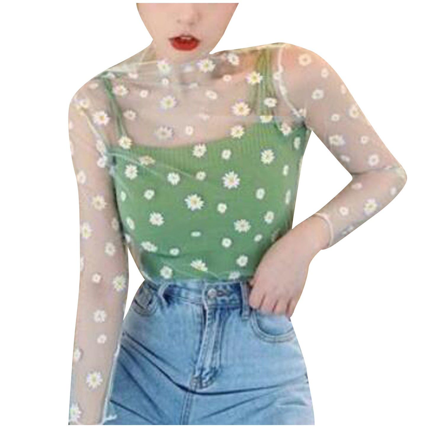 Women Daisy Print Lace Sheer Tops Sexy Tees Long Sleeve Thin Mesh Shirts Fashion Ladies Top 2026 Summer Sunscreen Blouse
