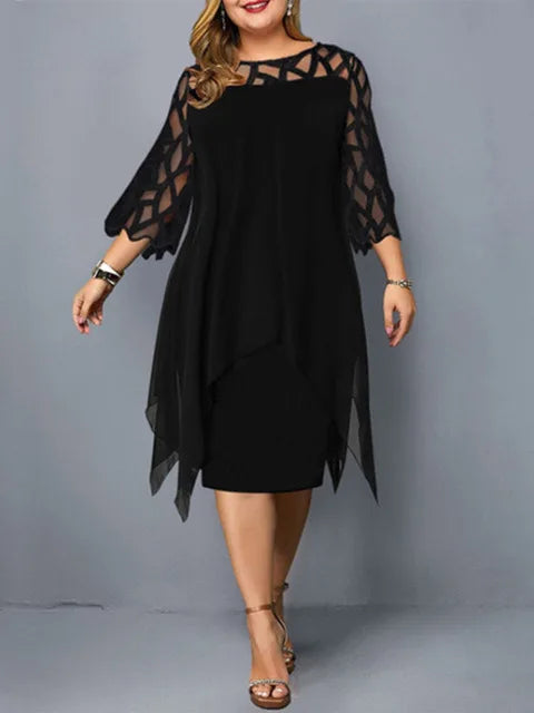Sexy Women'S Clothing Evening Dresses Xxl O Neck Lace Sleeve Hollow Out Solid 2026 Elegant Midi Party Dress For Chubby Women
