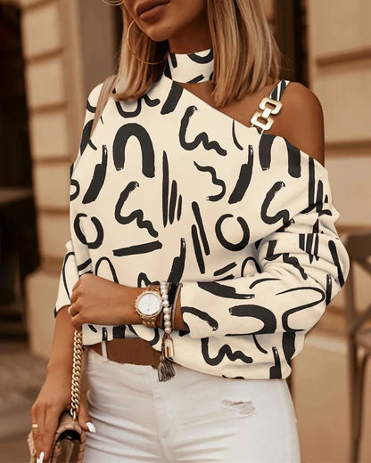 Sexy Off Shoulder Halter Neck Women Blouse Long Sleeve Fashion Print Casual Loose Tops 2026 Autumn Elegant Office Ladies Blouses