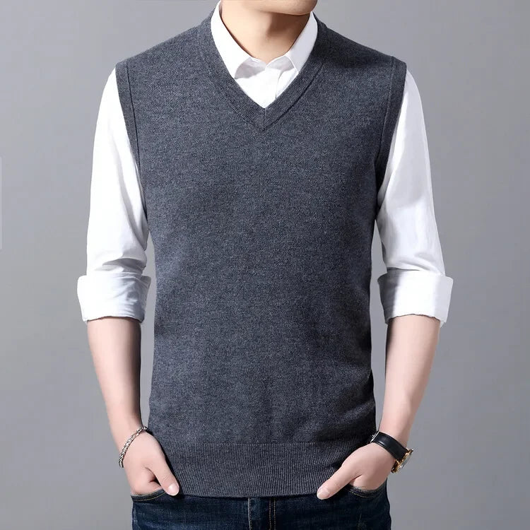 New Men's Autumn High-end Sweater Vest V-neck Warm Knit Sleeveless Men's Clothes Pullover Tops