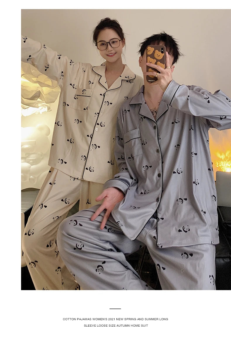 Pajama Women Pajama Man Set Cotton Plus Size Spring Autumn Long-sleeved Korean Cardigan Casual V-neck Nightwear Couple Pyjama