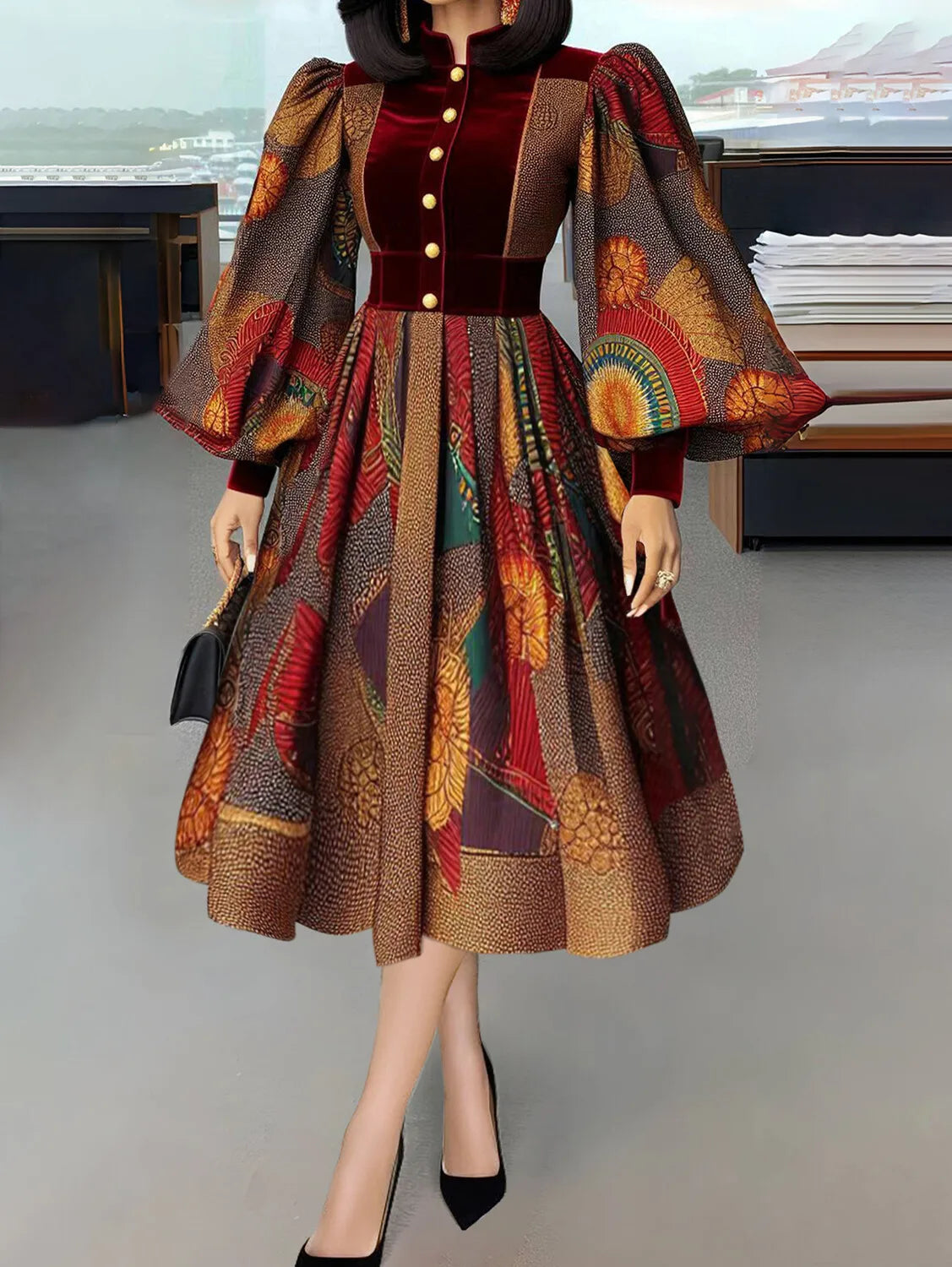 Elegant Women Dress Ethnic Print Patchwork Stand Collar Button Lantern Sleeve Velvet Waisted Evening Party Dresses Midi Dress