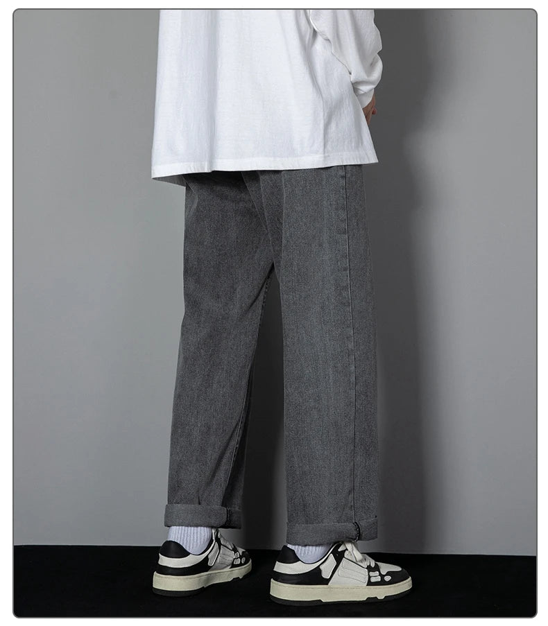 2026 New Korean Men's Casual Long Jeans Classic Man Straight Denim Wide-leg Pants Solid Color Light Blue Grey Black 3XL