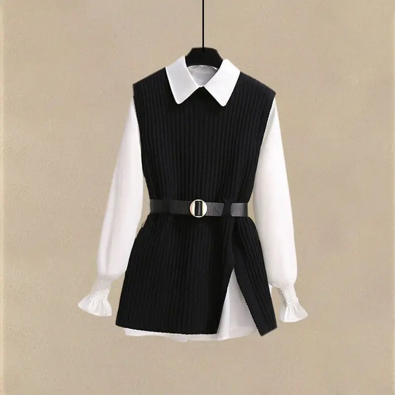 2026 Spring New Korean Elegant in Matching Set Women's Fashion Knitted Vest+ Shirt+ Jeans Three Piece Female Chic Denim Pants Suit