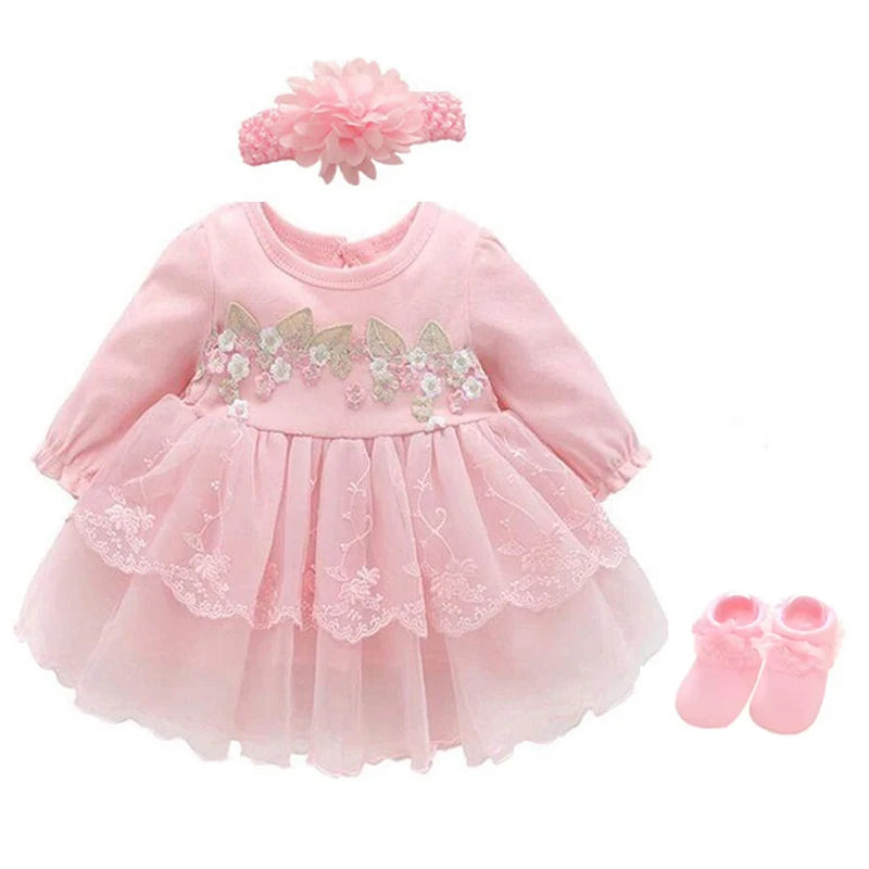 Newborn Baby Girl Dress Clothes 0 3 6 Months Princess Pink Dress White Baptism Outfit Party Dress Headband Socks Set Clothing