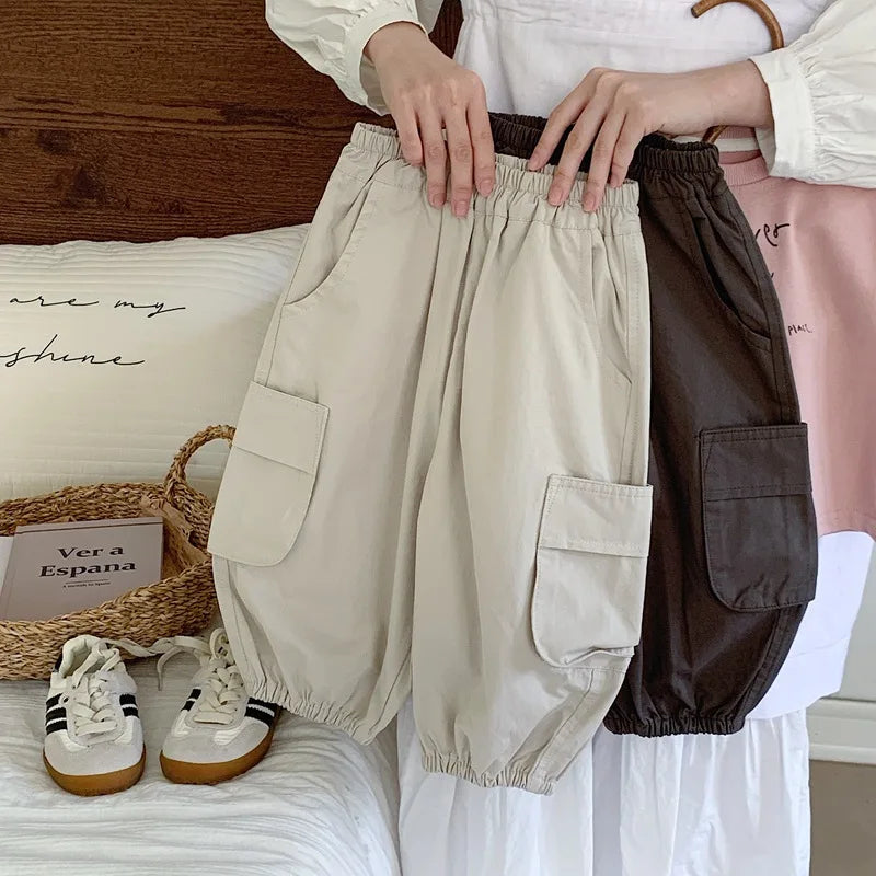 2025 Spring Baby Kids Pants Children's Solid Color Cargo Pants Boys Girls Loose All-match Trousers