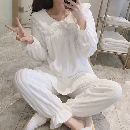Square Collar Women Pajamas Set Winter Sleepwear Fleece Velvet 2 Piece Pant Home Suit Fluffy Korean Solid Pajama Warm Night Wear