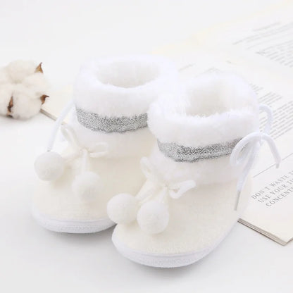 Winter Snow Baby Boots Cute Bear Warm Fluff Balls Indoor Soft Sole Infant Newborn Toddler Baby Shoes 0-18M