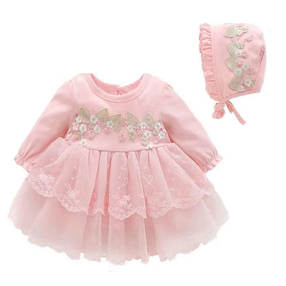 Newborn Baby Girl Dress Clothes 0 3 6 Months Princess Pink Dress White Baptism Outfit Party Dress Headband Socks Set Clothing