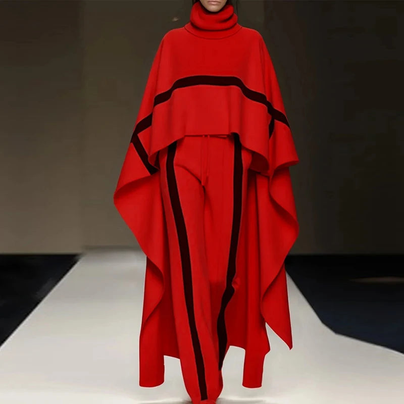Casual Color Blocked Loose 2 Piece Set Fashion High Street Irregular Outfits 2025 Winter Lady Turtleneck Cloak Top + Pants Suit