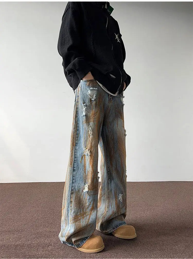 Men's trousers summer thin tie-dyed ripped jeans men's loose straight washed distressed high street American men's trousers