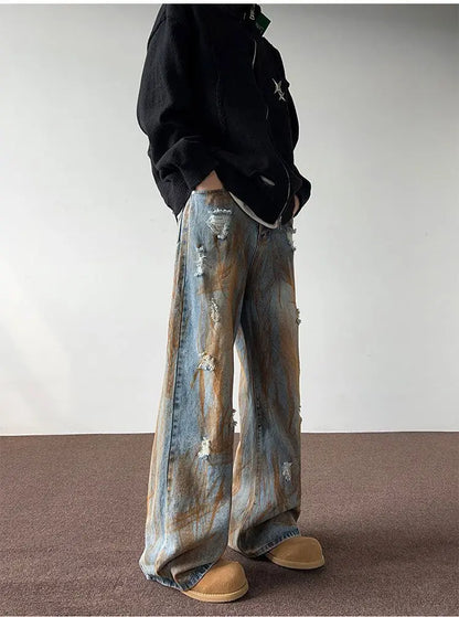 Men's trousers summer thin tie-dyed ripped jeans men's loose straight washed distressed high street American men's trousers