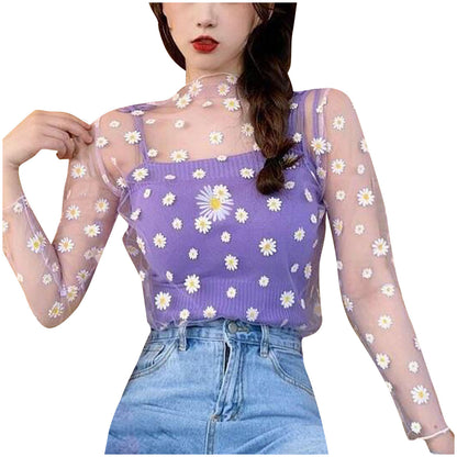 Women Daisy Flower Print Mesh Tops Long Sleeve Sheer Transparent Fishnet T Shirt Fashion Summer Sunscreen Tee 2026