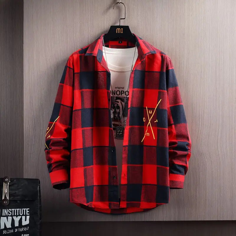 2025 Spring and Autumn Men's Lapel Loose Plaid Button Printed Pocket Casual Fashion Elegant Commuting Long sleeved Shirt
