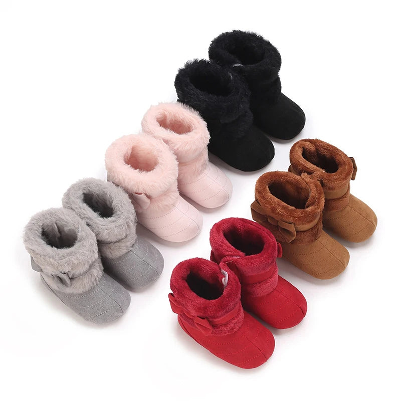 Baby Girl Boots Cute Bowknot Crib Shoes Infant Winter Warm Plush Boots First Walker Shoes with Non-Skid Soles