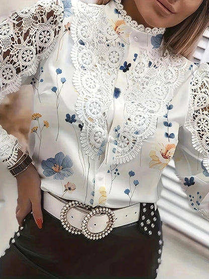 Shirts Elegant Office Ladies White Collared Lace Patchwork Hollow Out Button Up Women's Tops And Blouses 2026 Fashion New Blouse