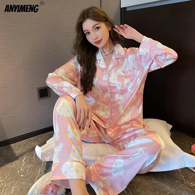 Women Casual Luxury Pajamas Thin Pajamas Female Sleepwear New Elegant Ladies Faux Silk Polyester Dots Pajama Sets Sexy Home wear