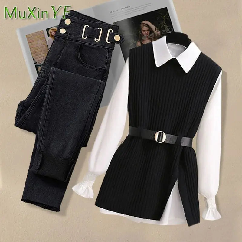 2026 Spring New Korean Elegant in Matching Set Women's Fashion Knitted Vest+ Shirt+ Jeans Three Piece Female Chic Denim Pants Suit