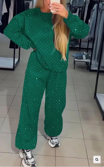 Women's Pants Suit Autumn New O-neck Hot Diamond Long-sleeved T-shirt Drawstring Sweatpants Fashionable Ladies 2-piece Sets