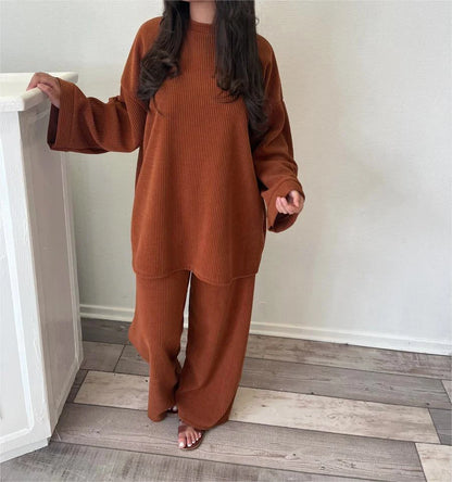 Spring Autumn Solid Color Corduroy Pants Sets Women Loose Long Sleeve Wide Legs Trousers Two Piece Set Female Commuting Clothing