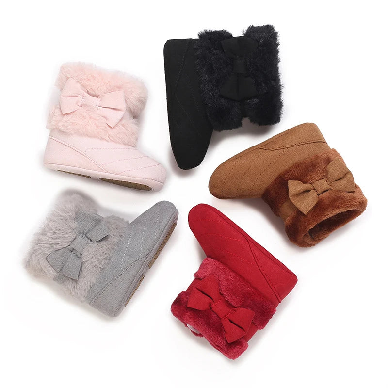 Baby Girl Boots Cute Bowknot Crib Shoes Infant Winter Warm Plush Boots First Walker Shoes with Non-Skid Soles