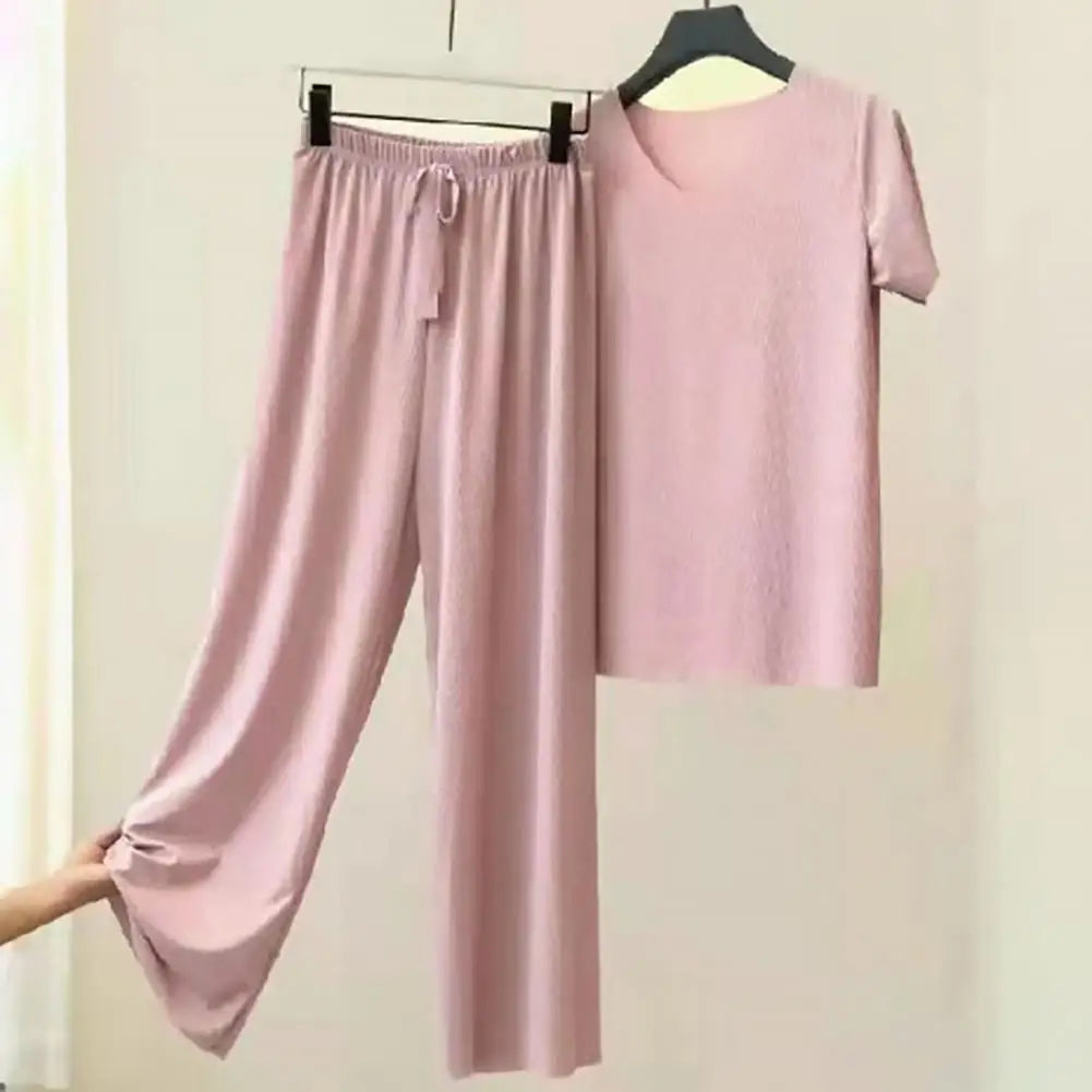2 Pcs/Set Women T-shirt Pants Set Pleated Wide Leg V Neck Short Sleeves Loose Home wear Pullover Thin Summer Top Trousers Set