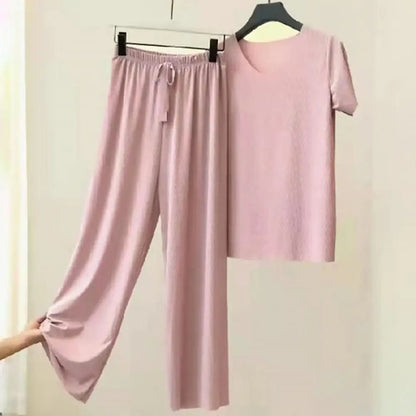 2 Pcs/Set Women T-shirt Pants Set Pleated Wide Leg V Neck Short Sleeves Loose Home wear Pullover Thin Summer Top Trousers Set