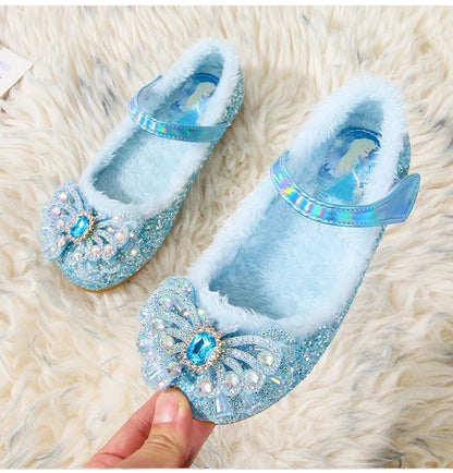 Disney Autumn Fashion Pearl Bow Rhinestone Frozen Elsa Princess Girl Shoes Flat Kids Princess Warm Winter Shoes Size 23-36