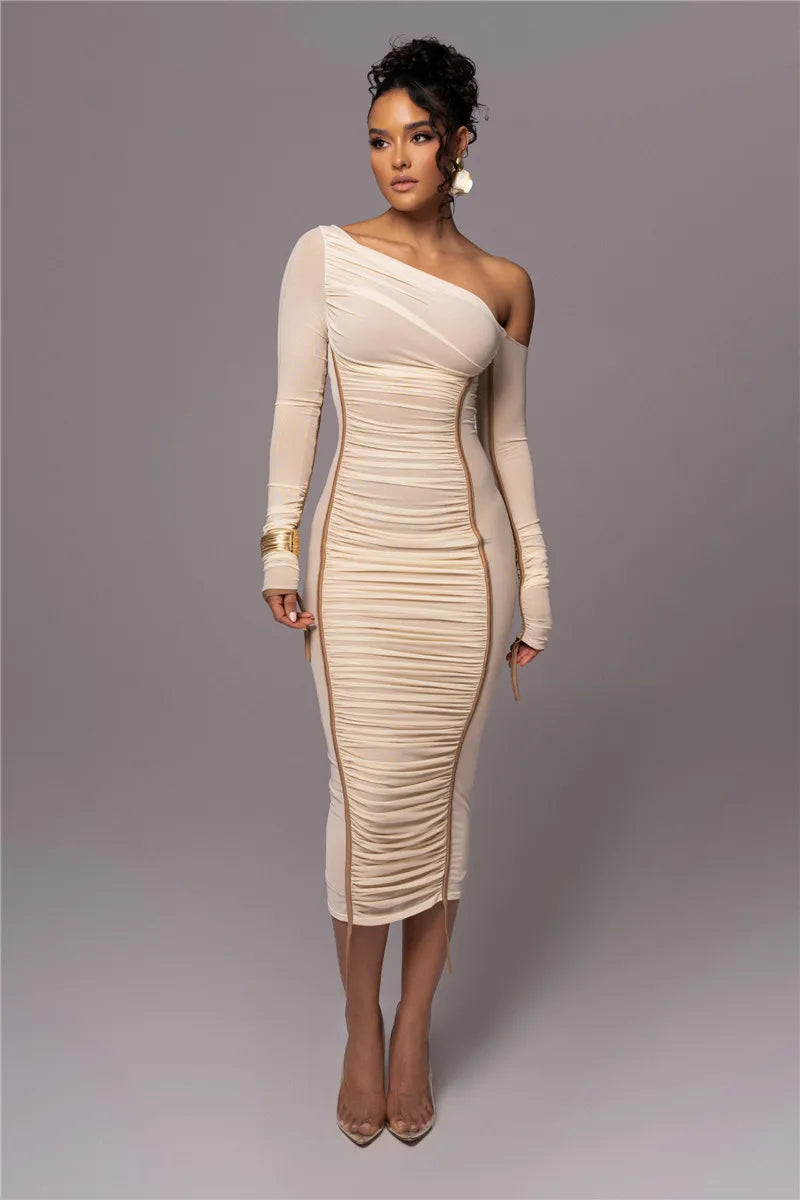 Diagonal Collar Long Sleeve Midi Dress For Women Two Layer Mesh Backless Ruched Bodycon Club Party Sexy Long Dress