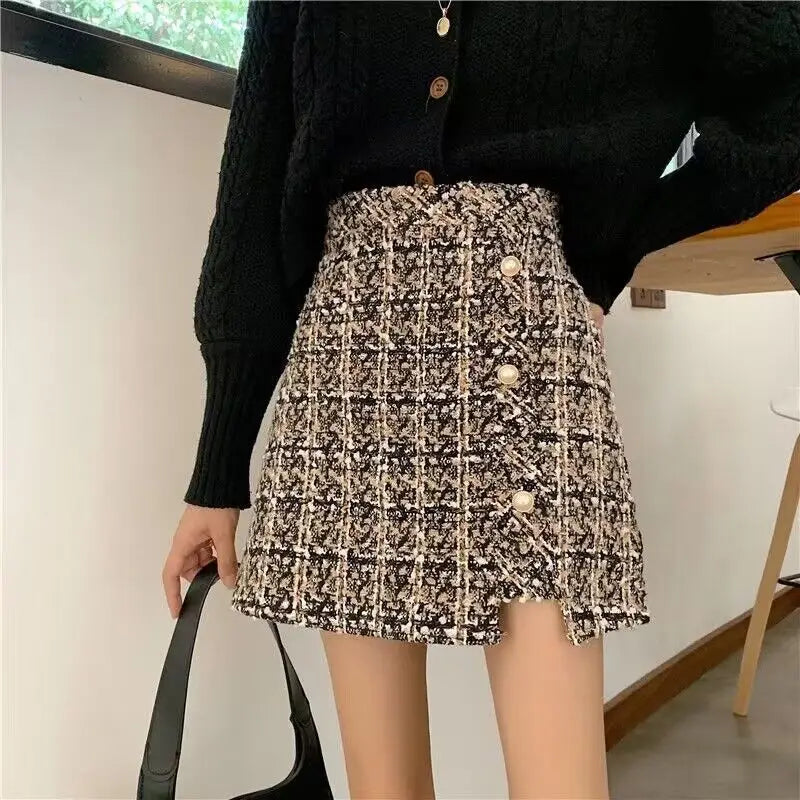 Tweed Skirts for Women Solid High Waist Slimming Skirts Autumn Spring 2026 Buttons Double Breasted Tweed Wool Mini Skirt