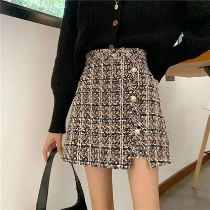 Tweed Skirts for Women Solid High Waist Slimming Skirts Autumn Spring 2026 Buttons Double Breasted Tweed Wool Mini Skirt