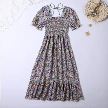 Summer Pleated Women Chiffon Dresses Casual Beach Holiday Short Sleeve Square Collar Woman Midi Dress Bohemian