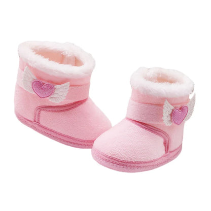 Suefunskry Newborn Baby Winter Snow Boots Contrast Color Ankle Boots Warm Plush Heart Wings Baby Walking Shoes for Toddler 0-18M