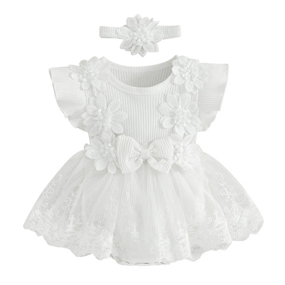 Baby Girl 2 Piece Outfits Mesh Lace Patchwork Ruffle Romper Dress and Headband Cute Fashion Summer Clothes