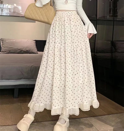 Summer White Floral Long Skirt Women's Y2k Clothes Fashion Elastic High Waist Casual Elegant Spliced Gauze Skirts for Women 2026