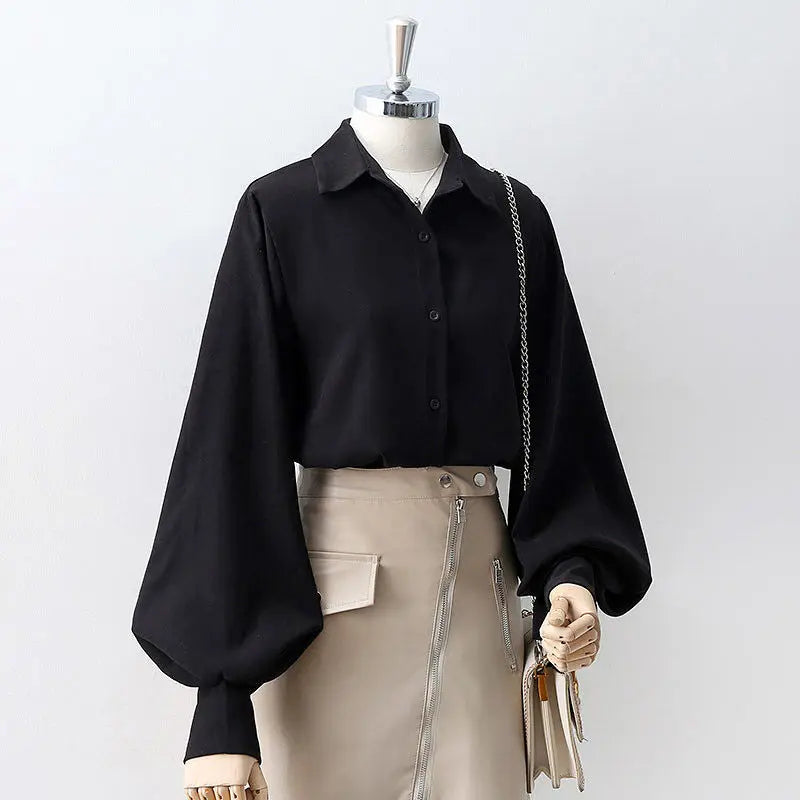 Lantern Sleeves Vintage Shirts Women Elegant White Women's Blouse with Lush Sleeves 2025 Fashion Button Up Shirt Black dropship