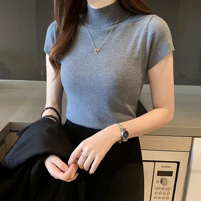 Solid Color Casual Women Clothing Korean Knitted Women Top Bulse Mujer De Moda Spring Summer Slim Turtleneck Blouse