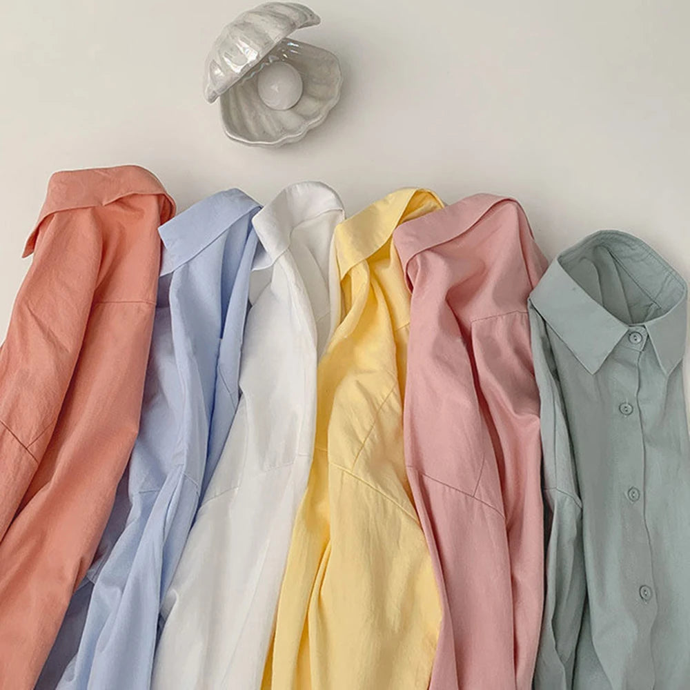 Solid White Shirt Women Casual Turn Down Collar Long Sleeve Pocket Women's Tops And Blouses Spring Office Lady Plus Size Shirts