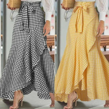 Spring Autumn Women Long Skirt High Waist Lace-up Ruffle Trim Plaid Print Bow Tie Irregular Hem Maxi Skirt Female 2026 New