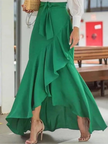Spring Autumn Women Long Skirt High Waist Lace-up Ruffle Trim Plaid Print Bow Tie Irregular Hem Maxi Skirt Female 2026 New