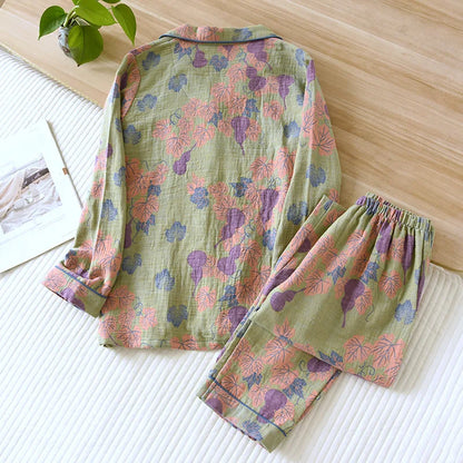 Japanese Spring and Autumn New Women's Pajama Set 100% Cotton Vintage Long Sleeved Pants Two Piece Set for Home Furnishings